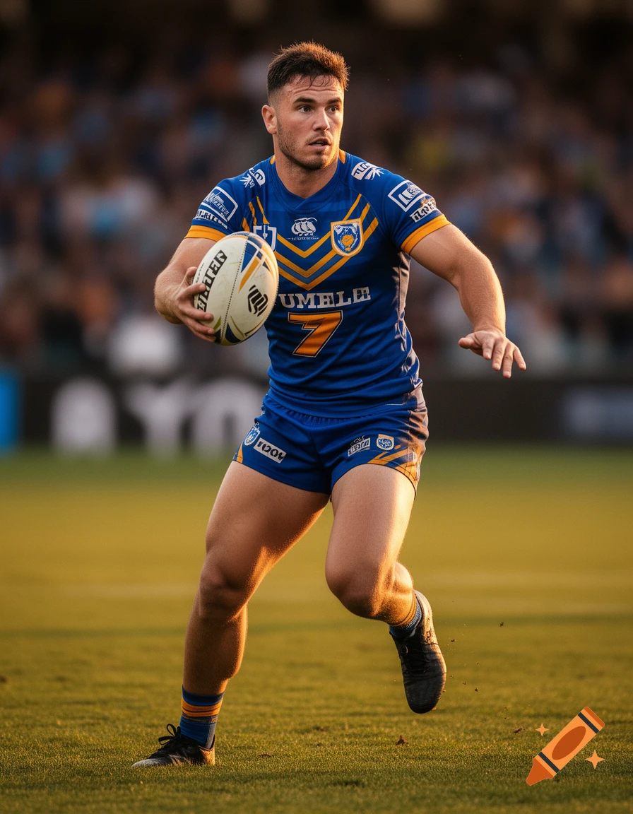 A male rugby player in a blue and yellow uniform with the number 7 runs on a grass field, holding a rugby ball.