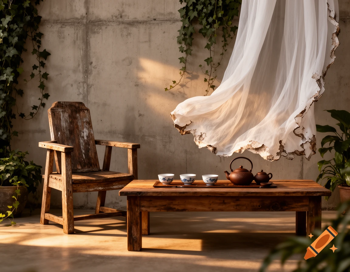 A rustic wooden chair and table with a tea set, concrete wall, ivy, and sheer white fabric gently blowing.
