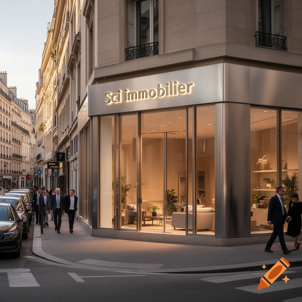 A street scene in a European city, featuring a modern building with a "Sci immobilier" sign and people walking on the sidewalk.