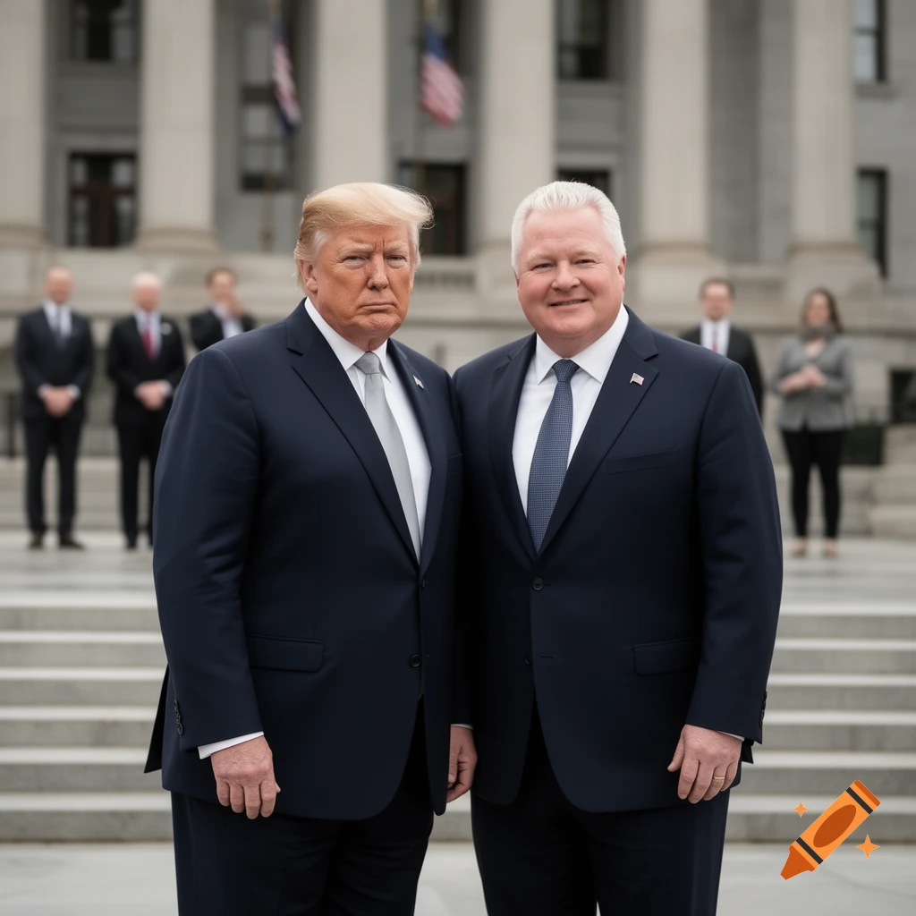 Photorealistic image of Donald Trump and Doug Ford standing together in front of a government building.