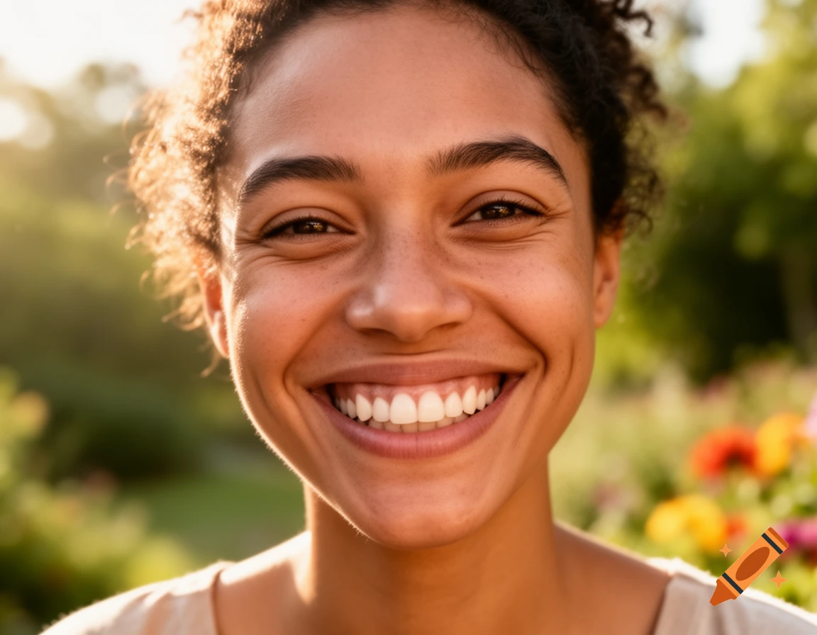 Close-up, photorealistic portrait of a young woman with curly hair smiling broadly in a sunlit garden.