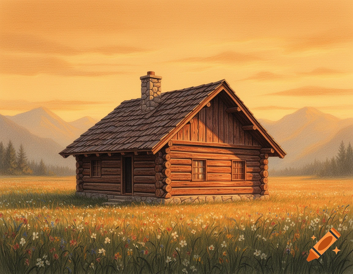 A rustic log cabin stands in a sunlit wildflower field, with mountains under an orange sky, depicted in a detailed drawing.