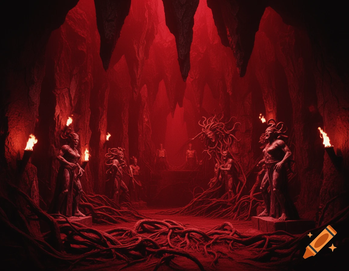 Eerie red-lit cave with gnarled roots and monstrous Medusa statues holding torches, reminiscent of a mythical lair.