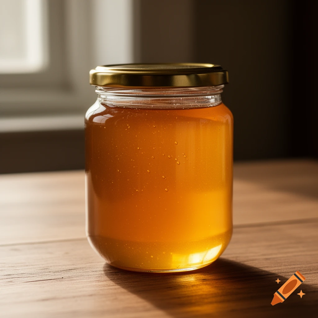A photorealistic close-up of a clear glass jar filled with golden honey, topped with a shiny gold lid, on a wooden surface.