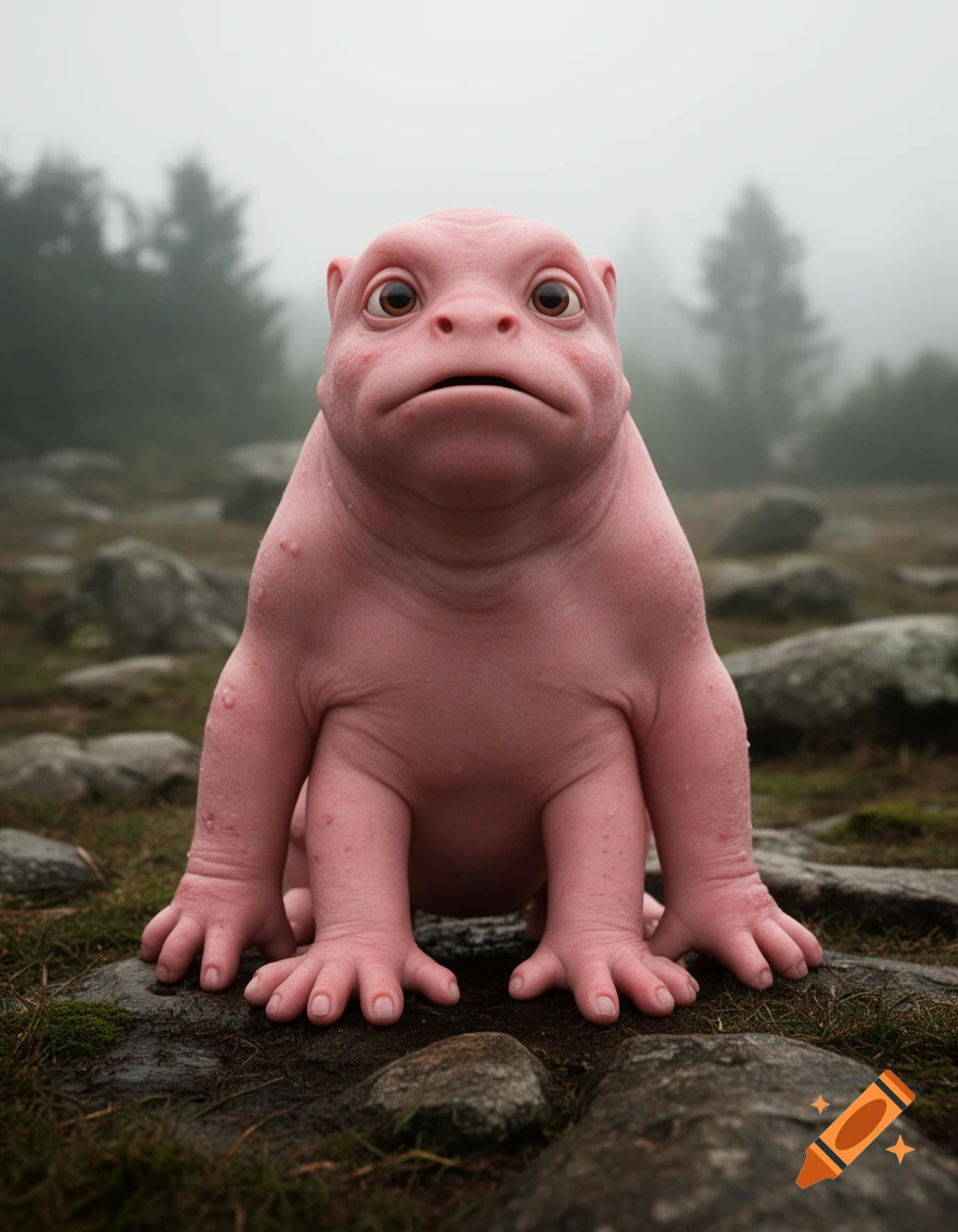 Photorealistic pink creature with multiple legs sitting on a rocky, foggy terrain.