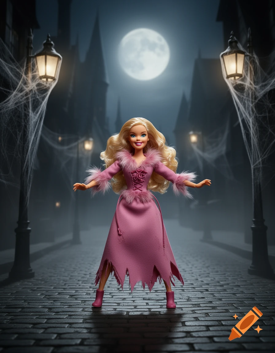 A Barbie doll in a tattered pink dress with fur trim stands on a cobblestone street under a full moon, flanked by cobweb-covered street lamps.
