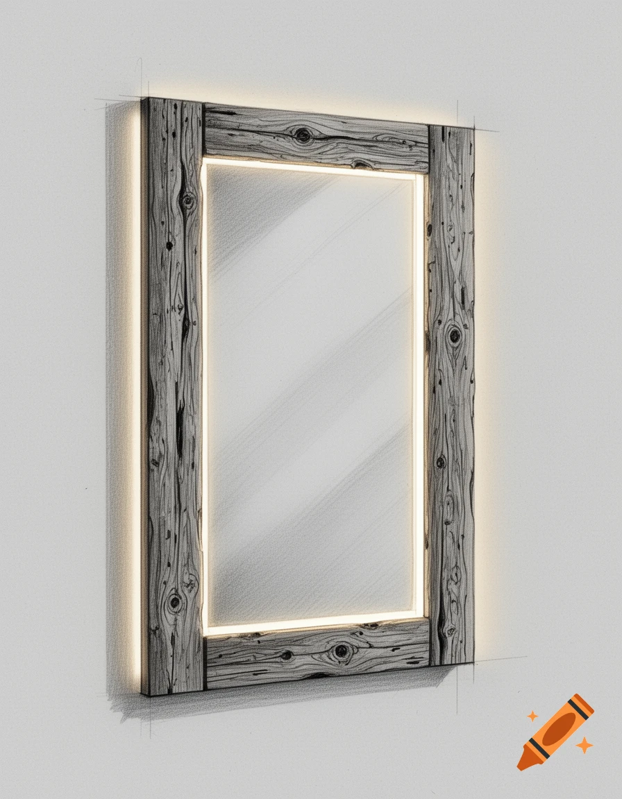 Sketch of a rectangular mirror with a rustic wooden frame and warm indirect backlighting on a light wall.
