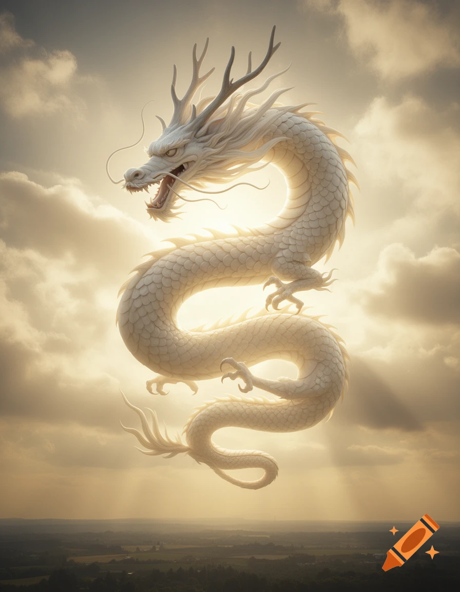 A majestic pale white Chinese dragon with antlers floating amidst clouds in a sunlit sky.