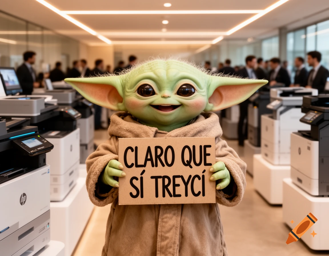 Photorealistic Grogu (Baby Yoda) from The Mandalorian, smiling and holding a sign that says "CLARO QUE SÍ TREYCI" in a modern office.