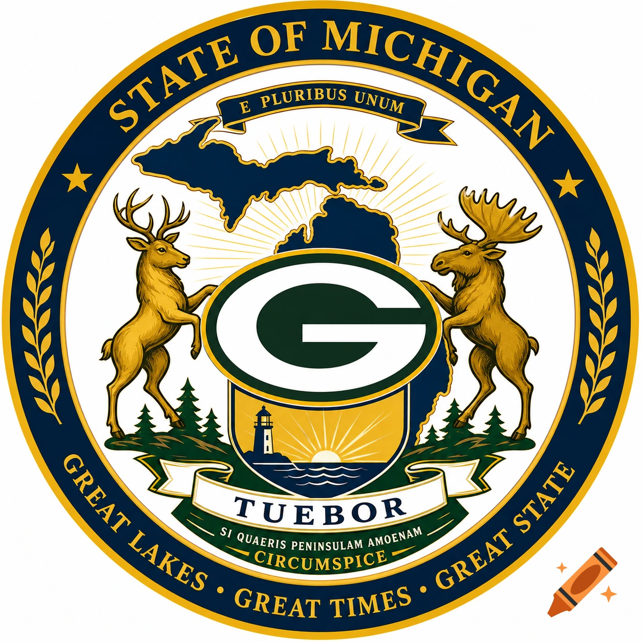 The State of Michigan seal with a Green Bay Packers 'G' logo prominently displayed in the center. The seal features a deer, a moose, a lighthouse, and text.