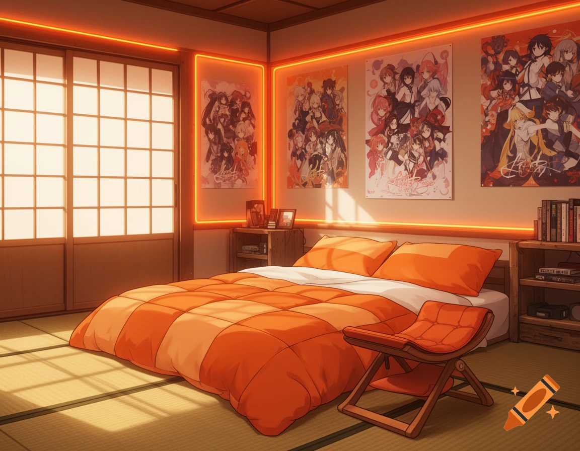 An anime-style bedroom with an orange comforter on a bed, orange pillows, orange neon lights, and wall posters. A shoji screen is on the left.