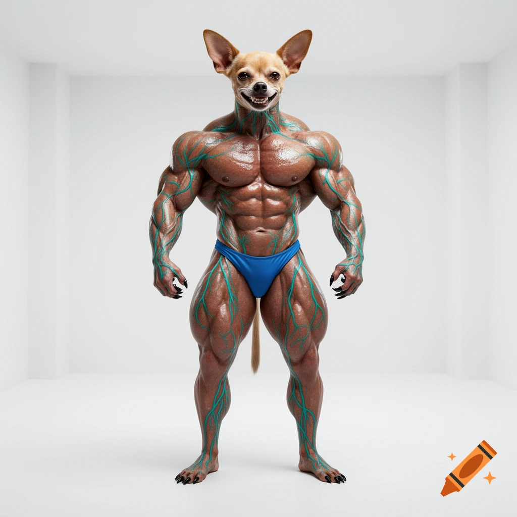 A hyper-realistic, muscular anthropomorphic chihuahua bodybuilder in a blue thong, with turquoise veins and black nails, smiling in a white room.