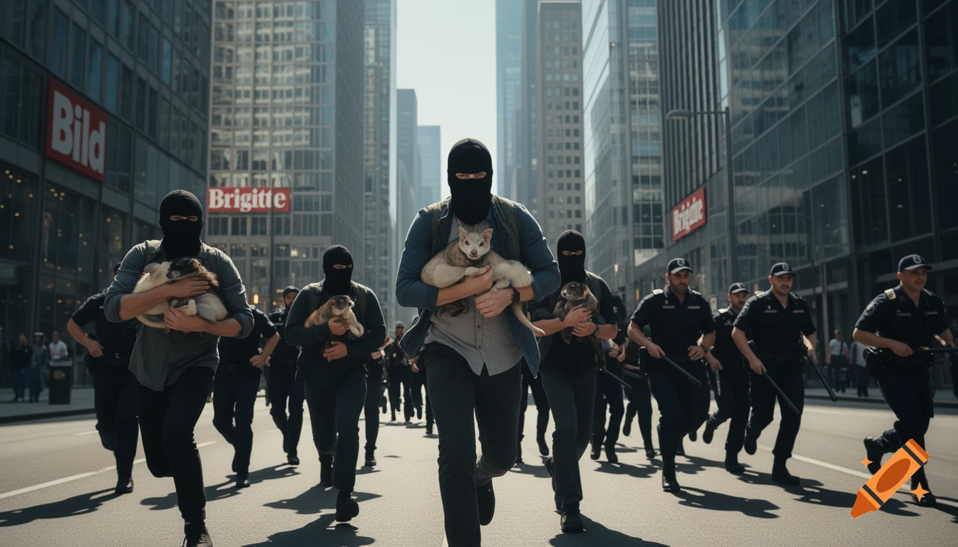 Photorealistic image of masked animal activists running with ferrets through a city street, pursued by police officers with batons. Buildings with 'Bild' and 'Brigitte' signs are in the background.