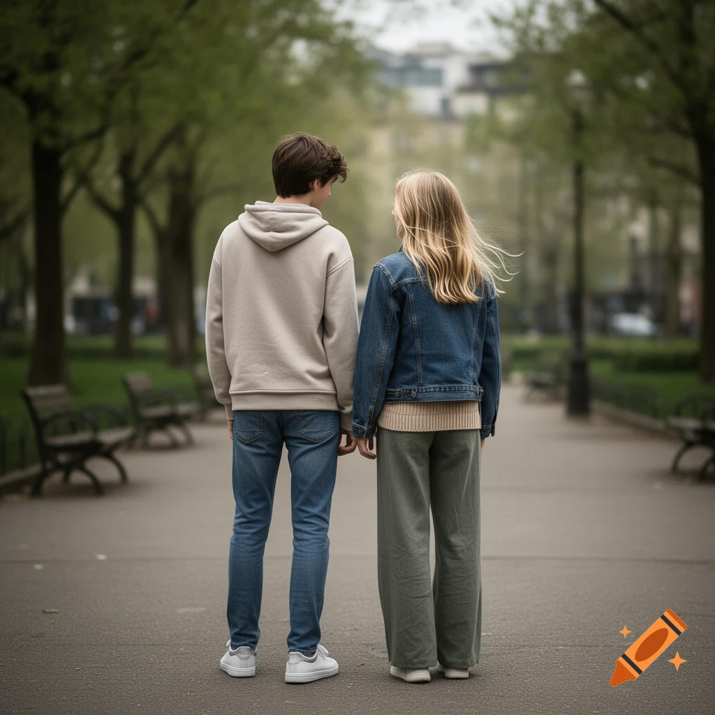 Rear view of a teenage boy and girl standing together in a park path.
