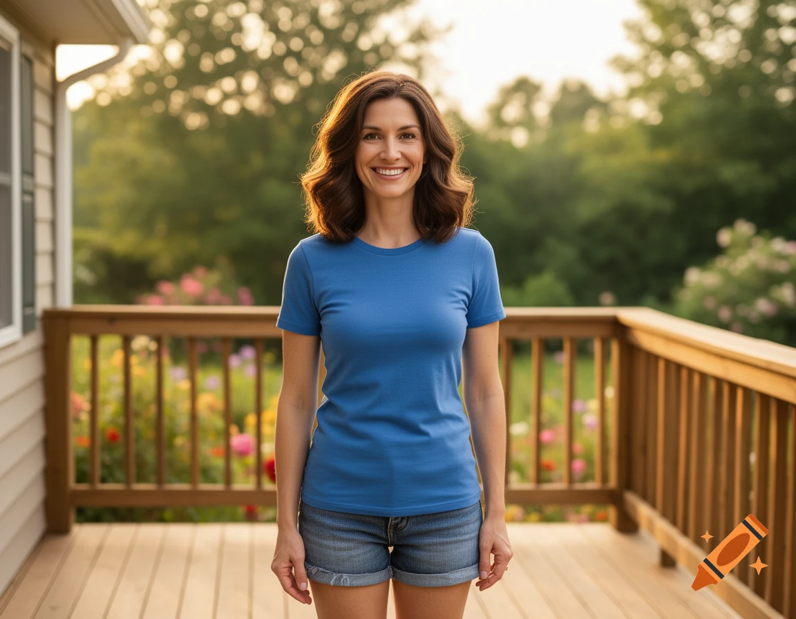 A smiling woman with shoulder-length brown hair stands on a wooden deck, wearing a blue t-shirt and jean shorts, with lush greenery in the background.