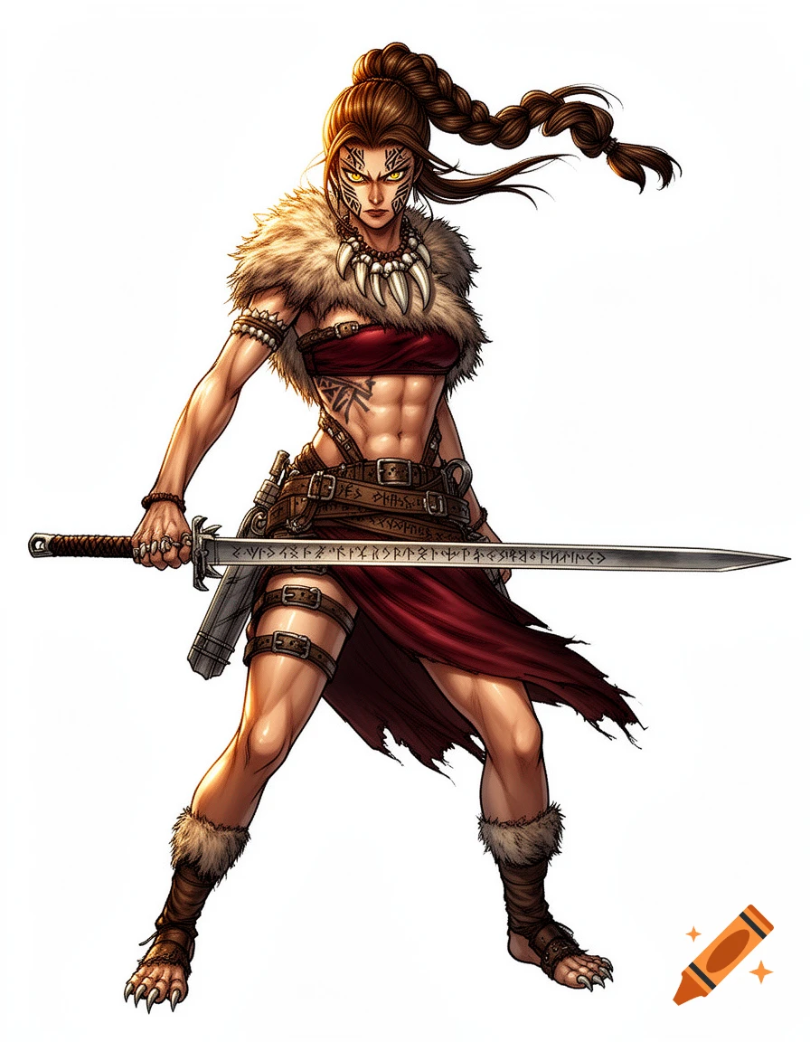 Full-body illustration of a fierce tribal female warrior with a braided ponytail, holding a sword, in a comic-anime style.