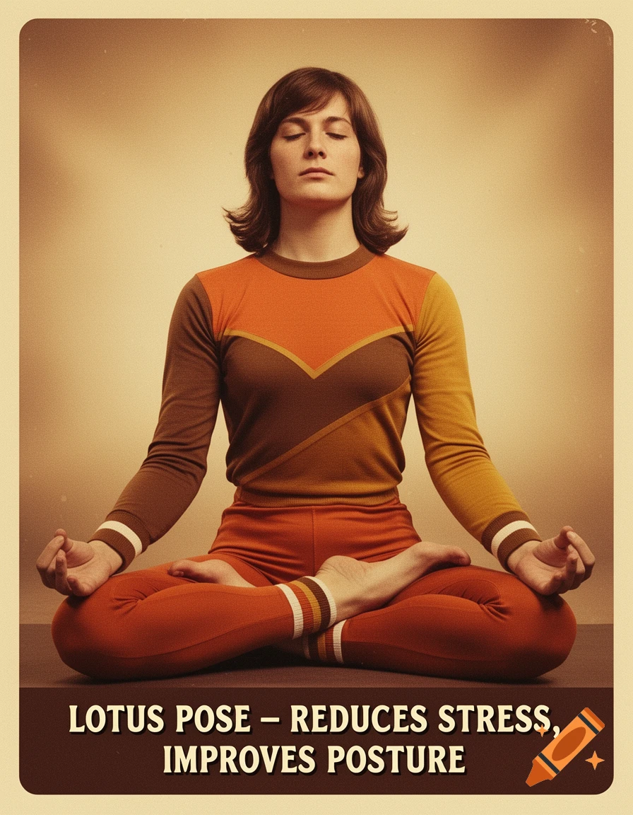Vintage 70s poster of a woman in a lotus yoga pose with text: 'Lotus Pose – Reduces Stress, Improves Posture'.