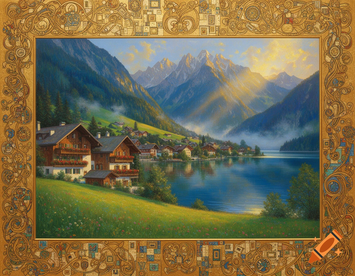 An Alpine landscape painting featuring a lakeside village with traditional houses surrounded by mountains in the style of Gustav Klimt.