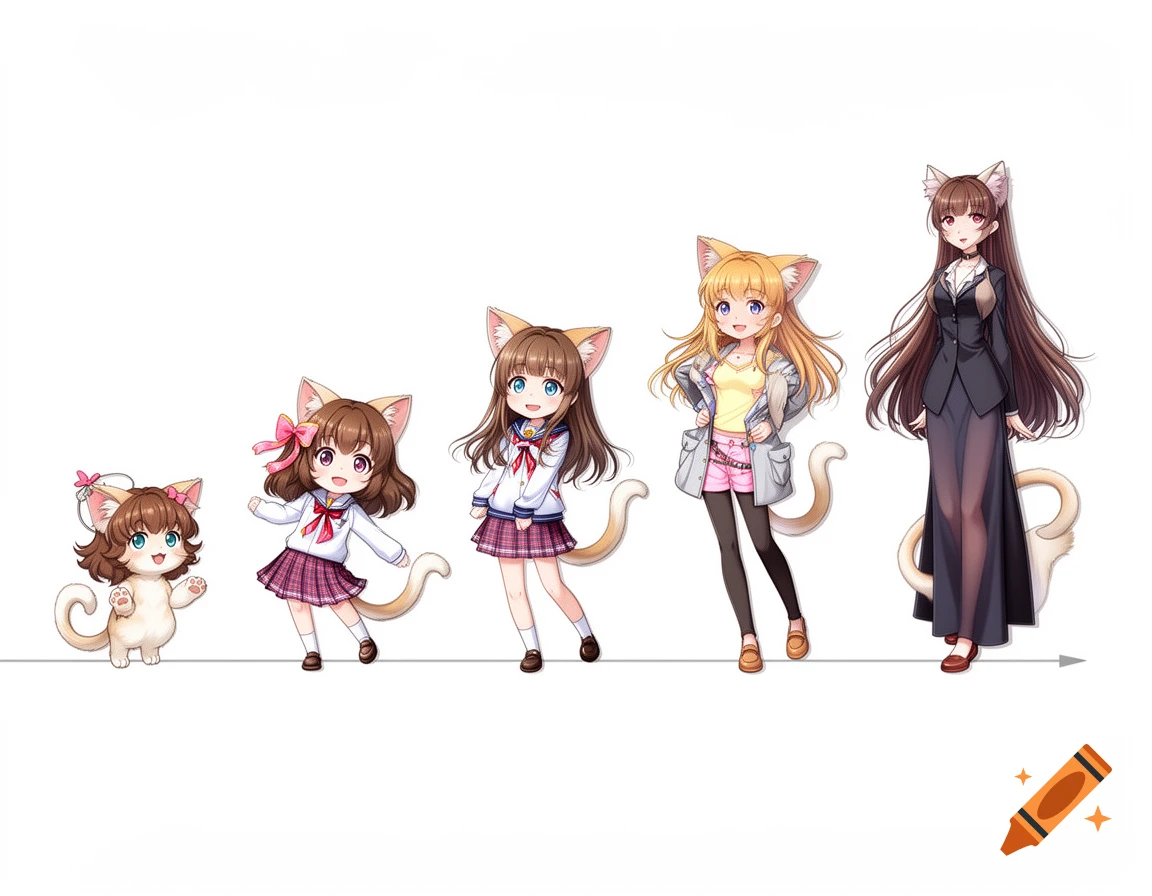 Five anime cat girls showing different growth stages, from a small child to an adult, on a white background.