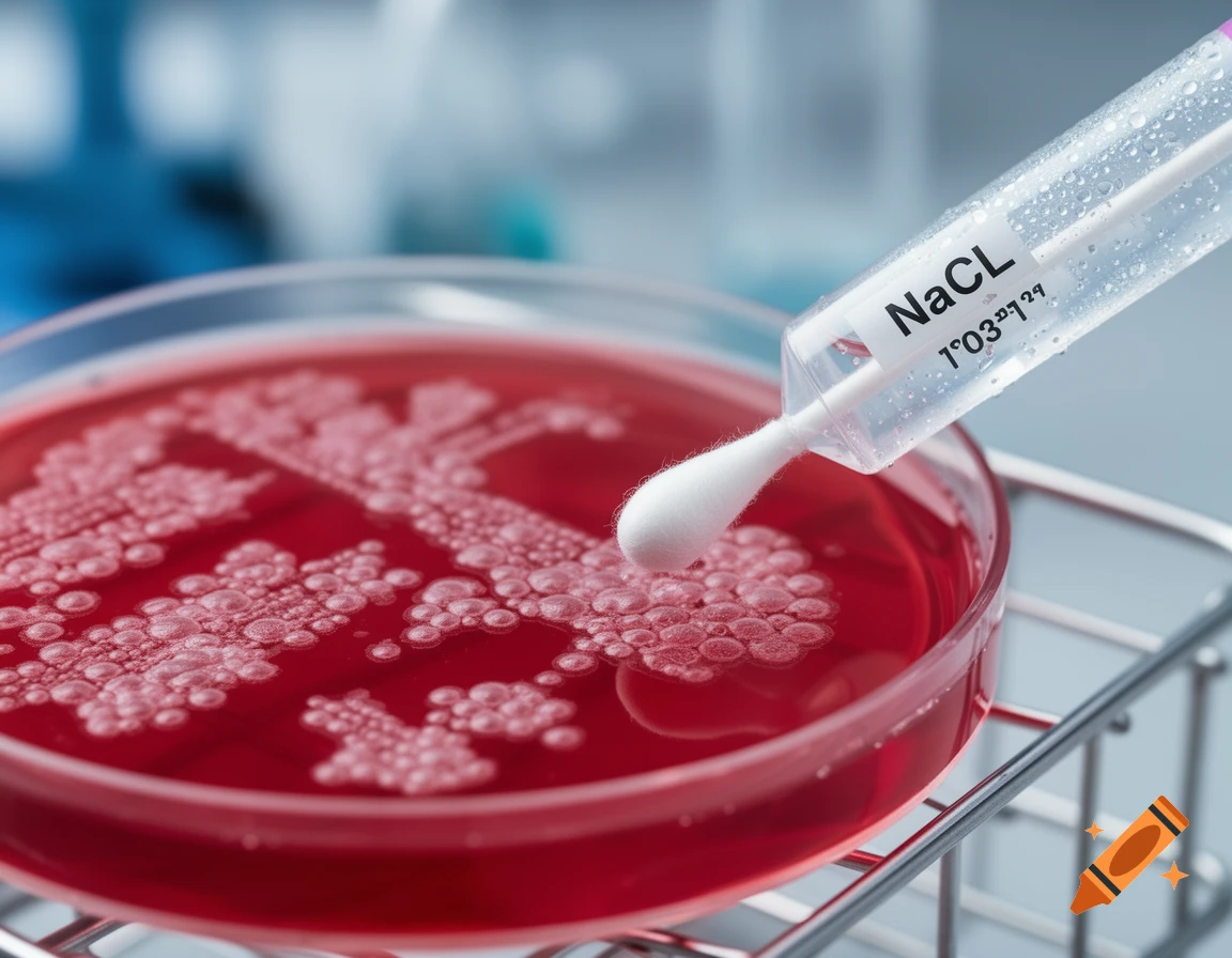 Close-up of a cotton swab collecting a sample from bacterial colonies growing on a red agar plate in a petri dish, with a tube labeled NaCl nearby.