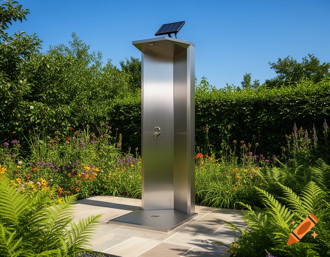 A modern stainless steel solar outdoor shower on a tiled patio surrounded by a vibrant, lush garden under a clear blue sky.