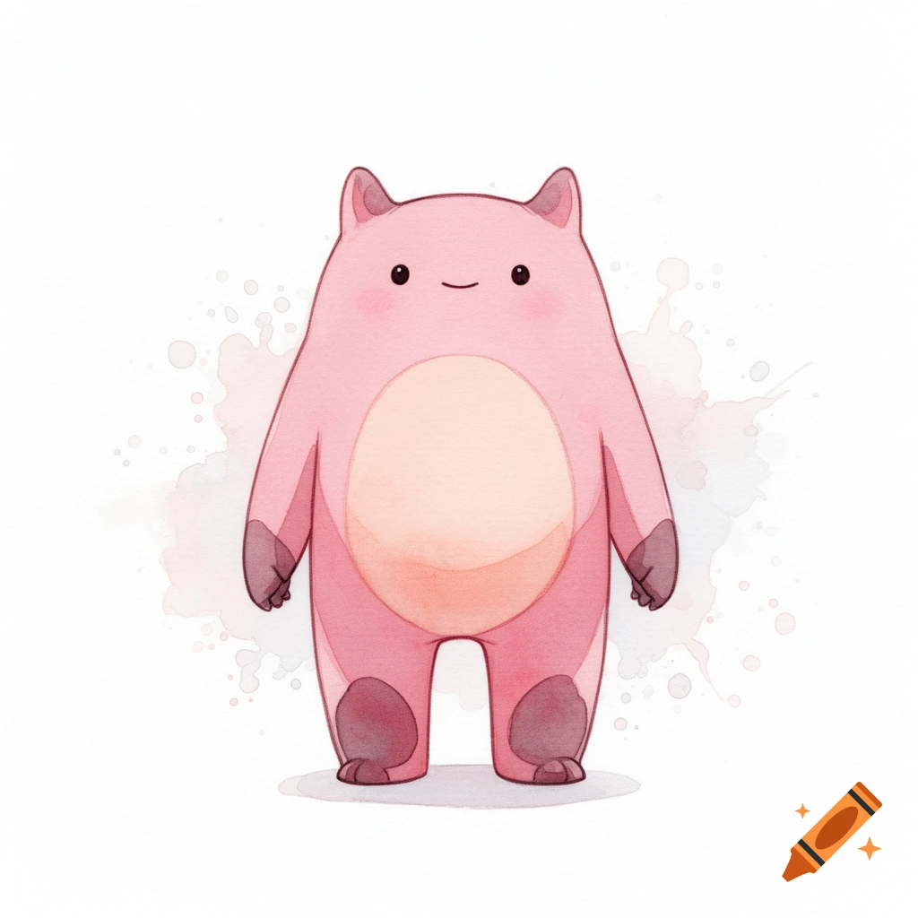 A friendly, pink, symmetrical monster with a light pink belly, dark pink feet, and small ears, depicted in a soft watercolor style with faint background splashes.