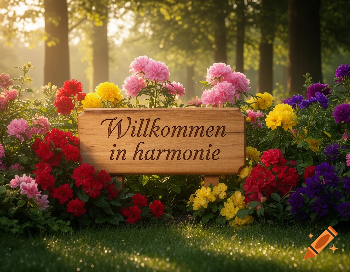 A wooden sign with "Willkommen in harmonie" surrounded by vibrant red, pink, yellow, and purple flowers in a sunny garden.