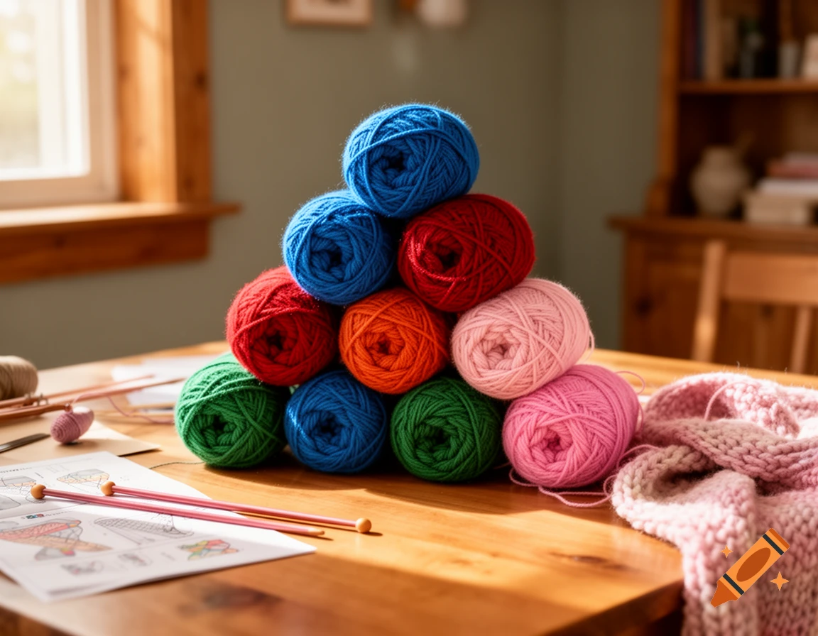 A pyramid of colorful yarn balls and knitting needles on a wooden table beside a knitted pink scarf in a sunlit room.
