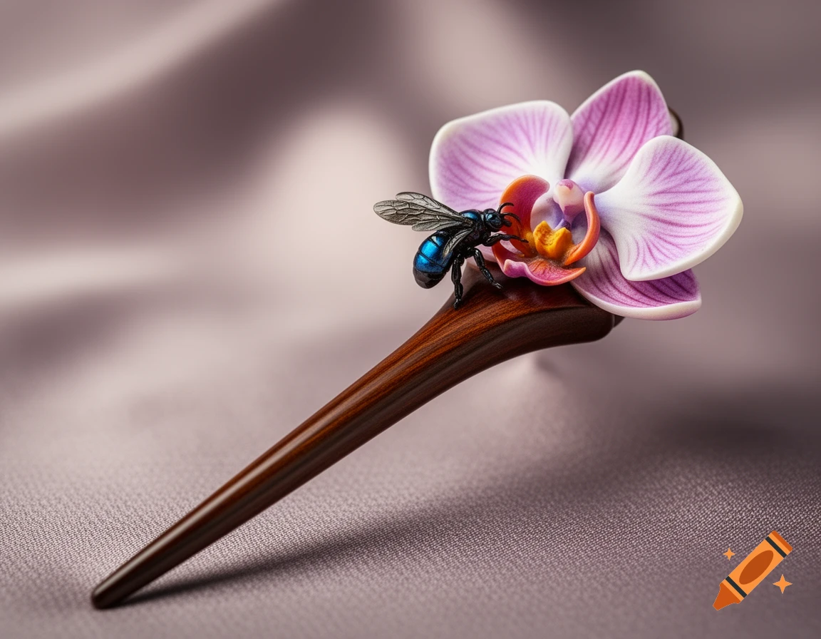A brown wooden hair stick with a purple orchid and a metallic blue carpenter bee on a soft fabric background.