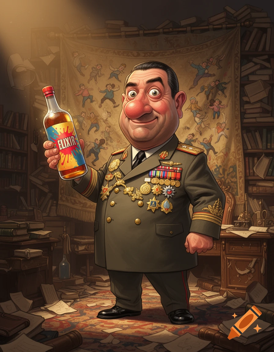 Cartoon caricature of a portly man in a military uniform with medals, holding a bottle labeled ELIXIR, standing in a messy library.