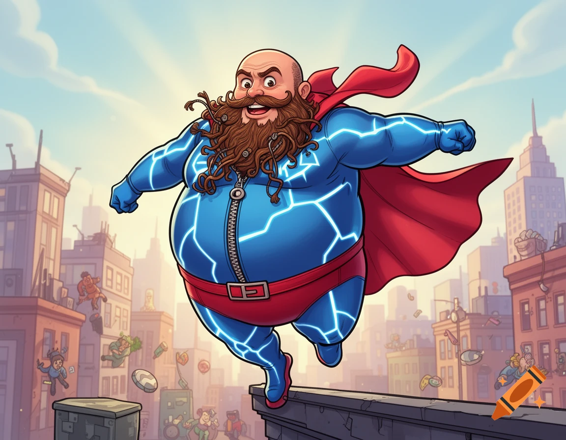 A funny, overweight, bald superhero with a huge messy beard, wearing a blue and red suit, flying above a city in a vibrant cartoon style.