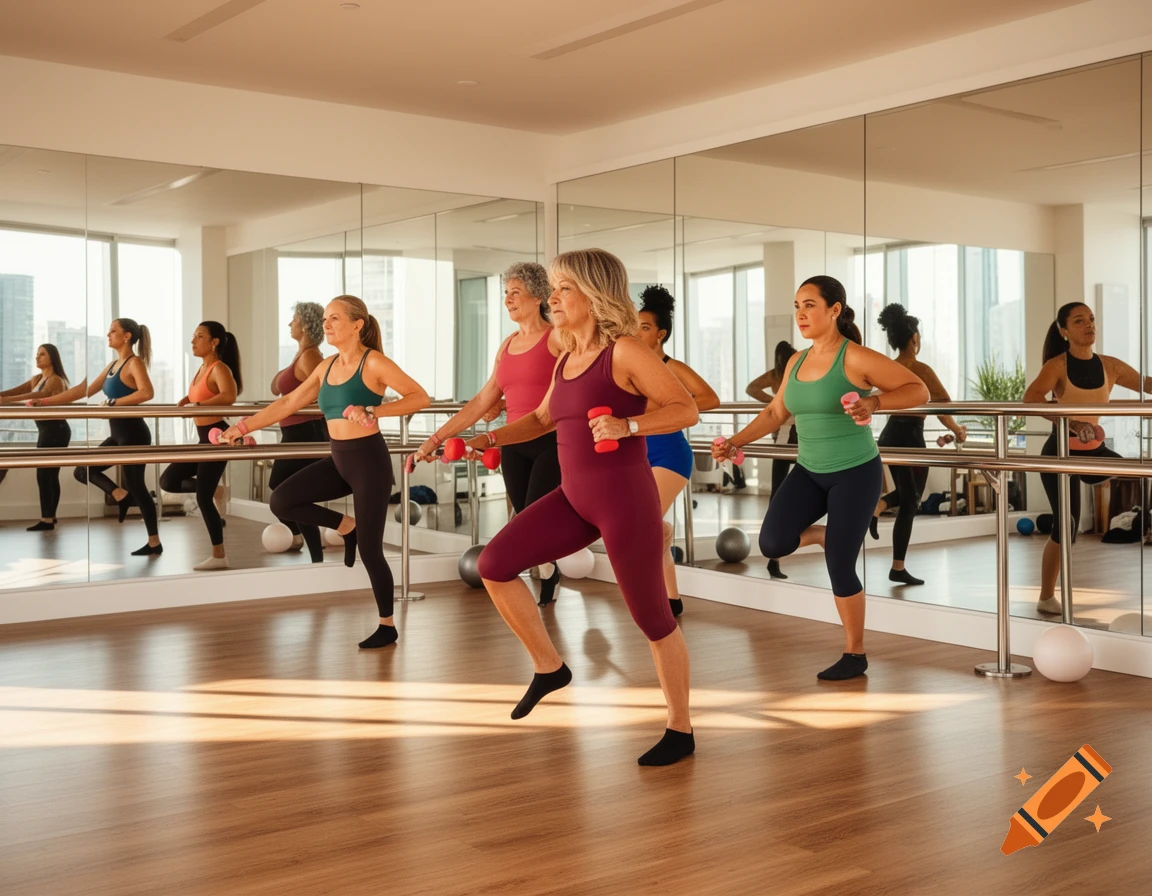 Six women of varying ages practice cardio barre with dumbbells in a mirrored studio.