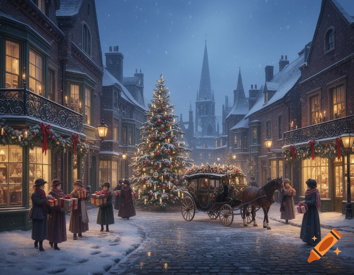 Victorian street scene in winter with snow-covered brick buildings, a large decorated Christmas tree, horse-drawn carriage, and people.