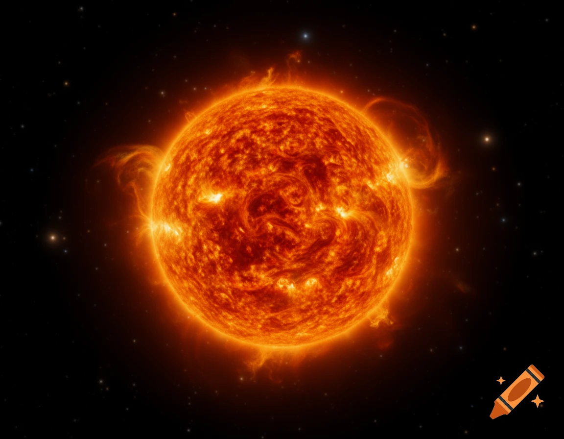 A fiery orange star with active solar flares glows brightly against a dark, star-filled cosmic background.