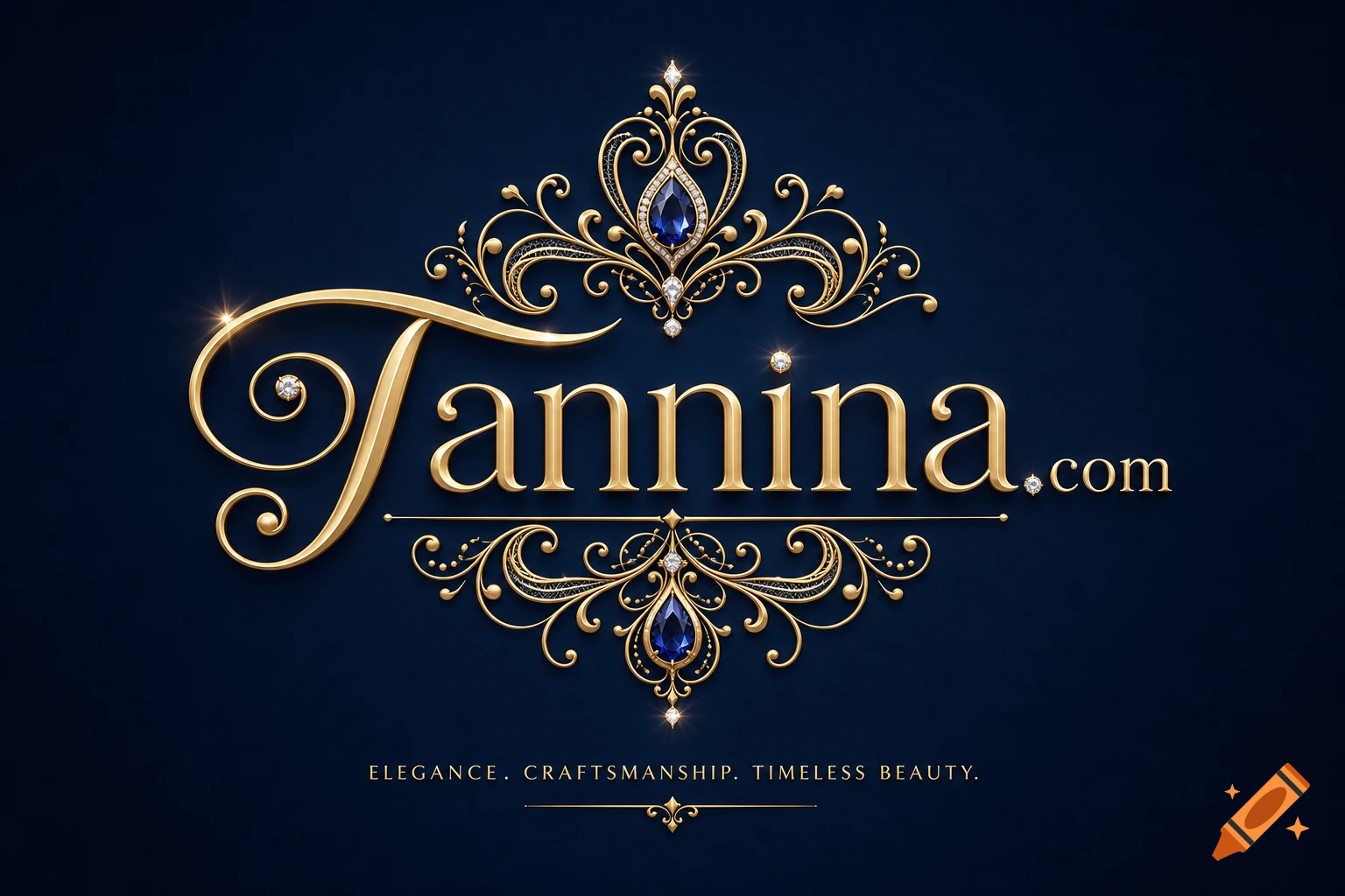Luxurious gold logo with filigree, diamonds, and blue sapphires, featuring "Tannina.com" and "ELEGANCE. CRAFTSMANSHIP. TIMELESS BEAUTY." on a dark blue background.
