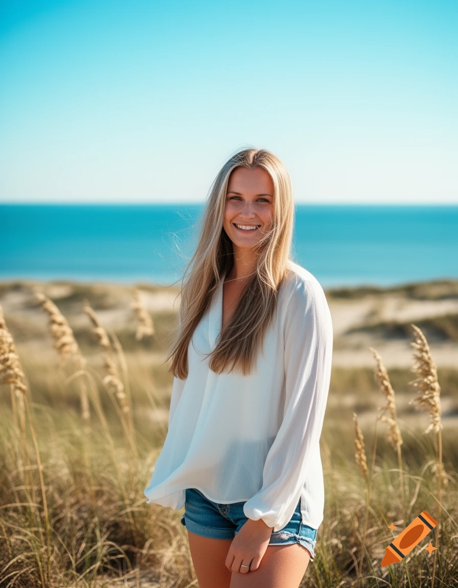 A smiling young woman with long blonde hair stands in sandy dunes with the ocean and blue sky behind her.