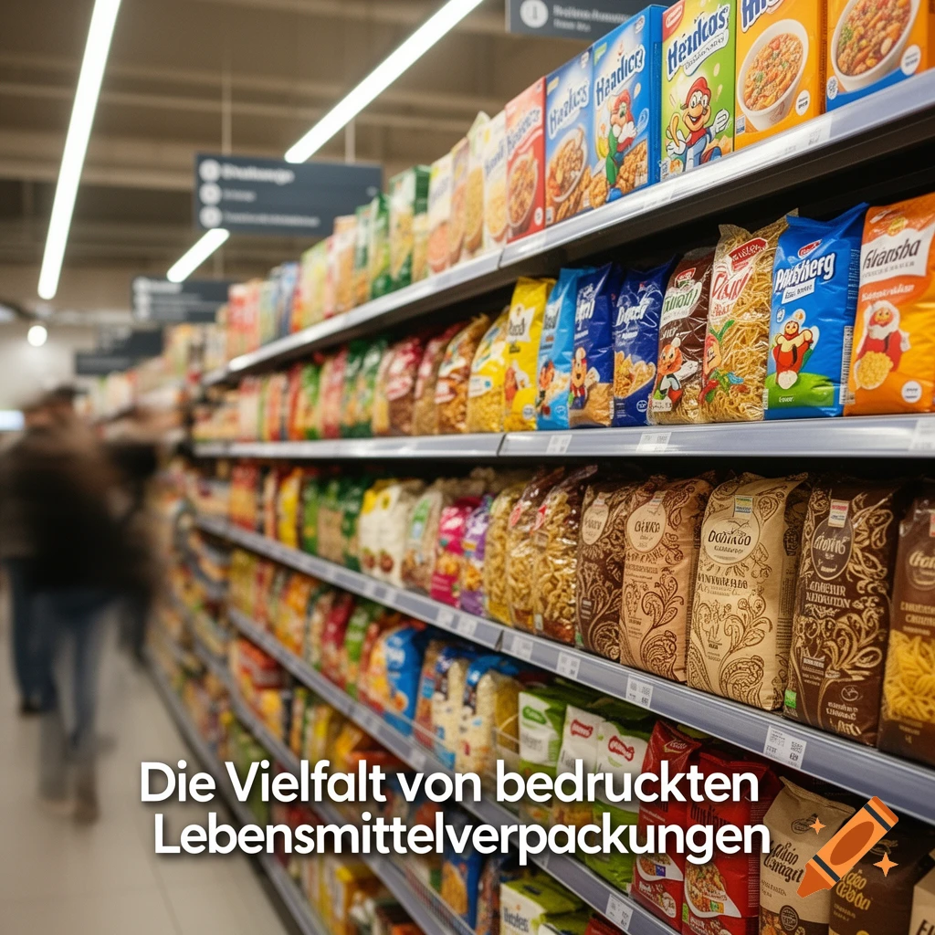 A supermarket aisle showcasing shelves filled with various packaged food products, with a prominent text overlay.