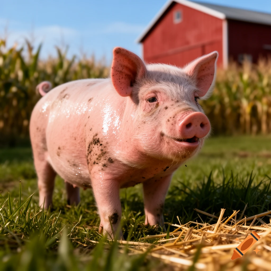 A cute pink piglet, speckled with mud, stands in green grass with a red barn and cornfield in the background on a sunny day.