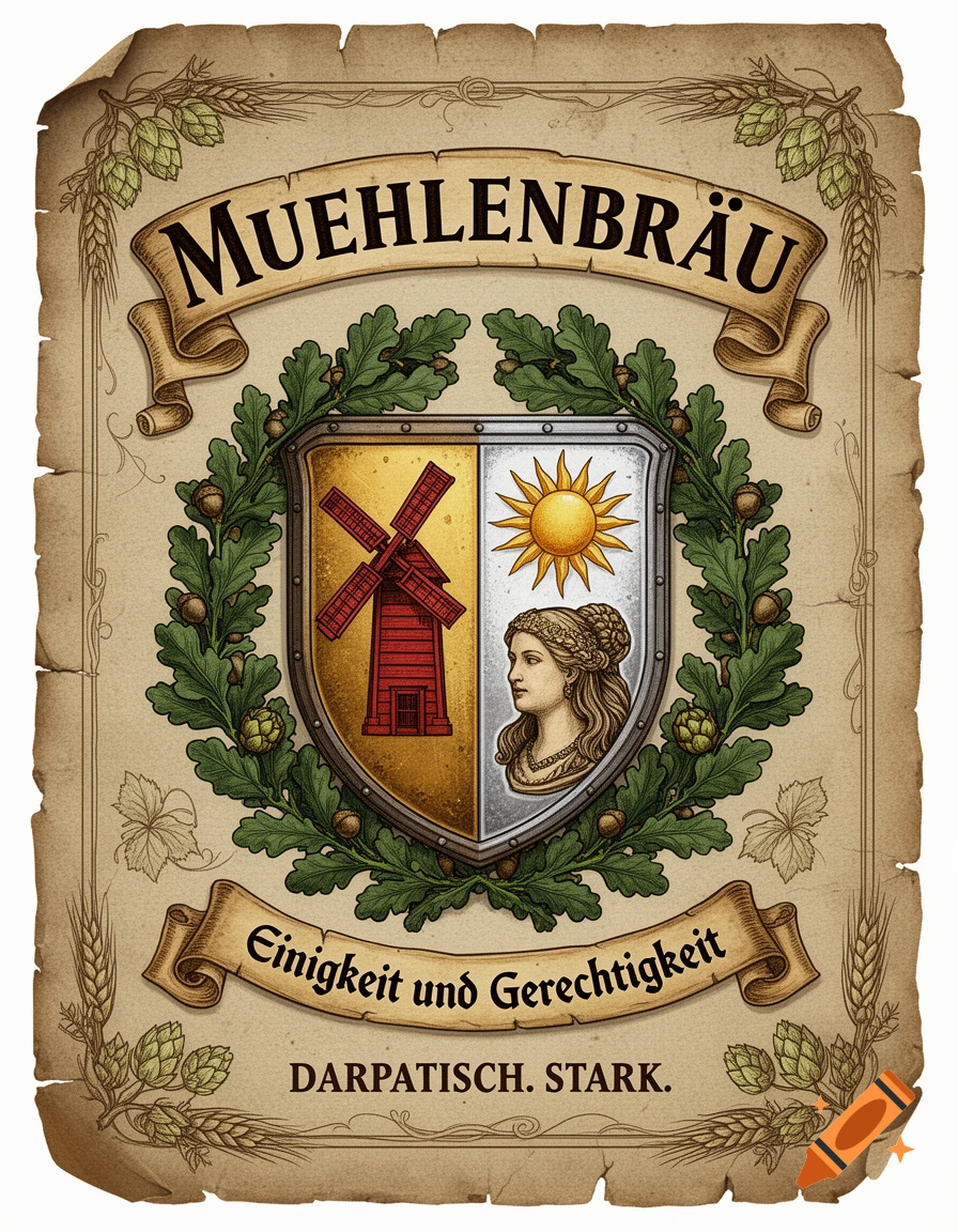 Vintage beer label with a heraldic crest featuring a red windmill, golden sun, and woman's profile, framed by oak leaves, hops, and barley on parchment.