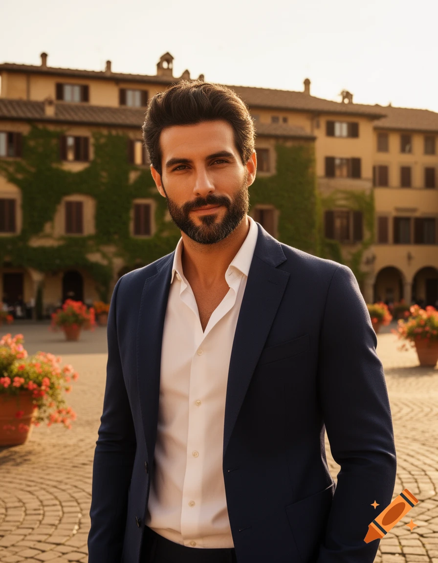 A handsome man with a beard in a blue suit stands in a sunlit European town square with ancient buildings.