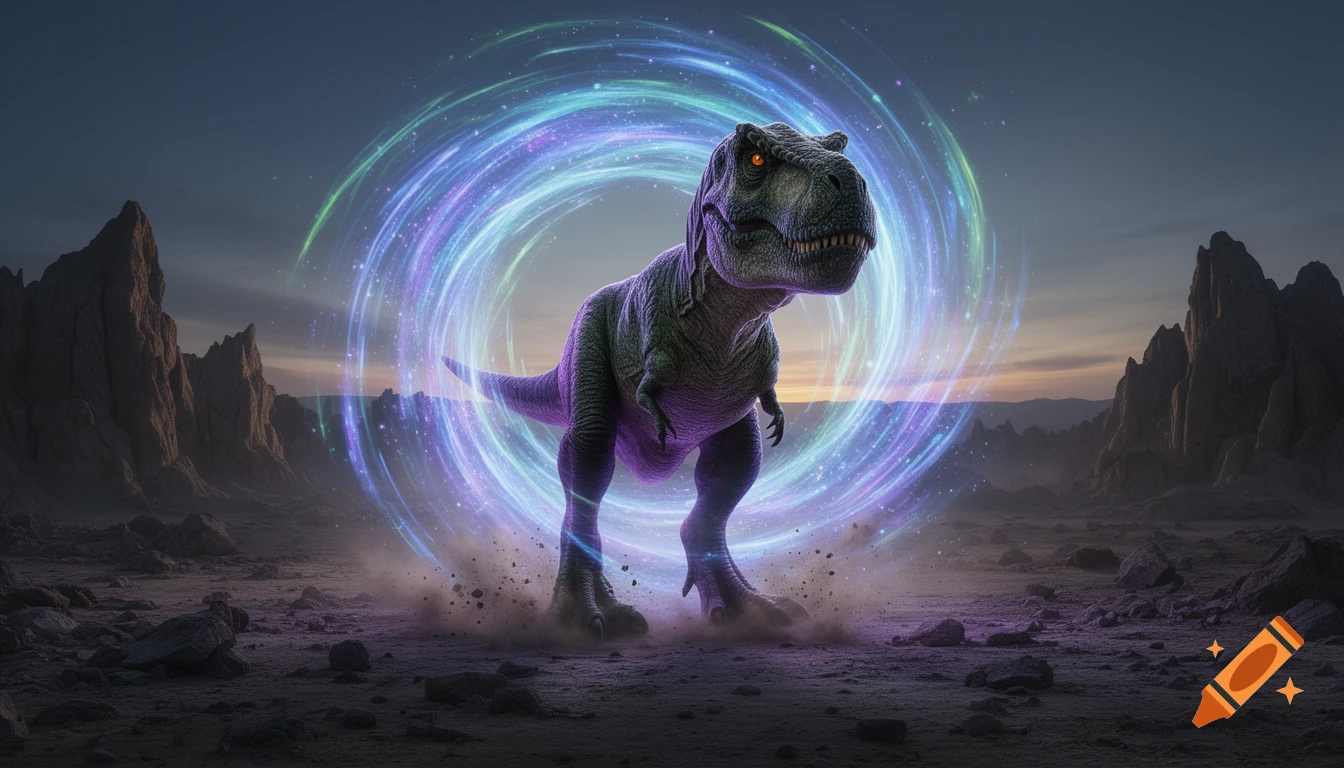Photorealistic Tyrannosaurus Rex emerging from a glowing blue and purple wormhole in a desolate, rocky landscape.