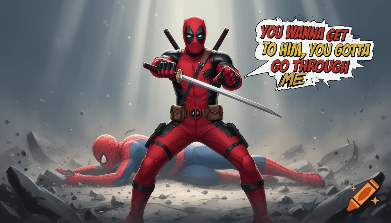 Deadpool stands defensively with a sword over a defeated Spider-Man, in a comic book art style.