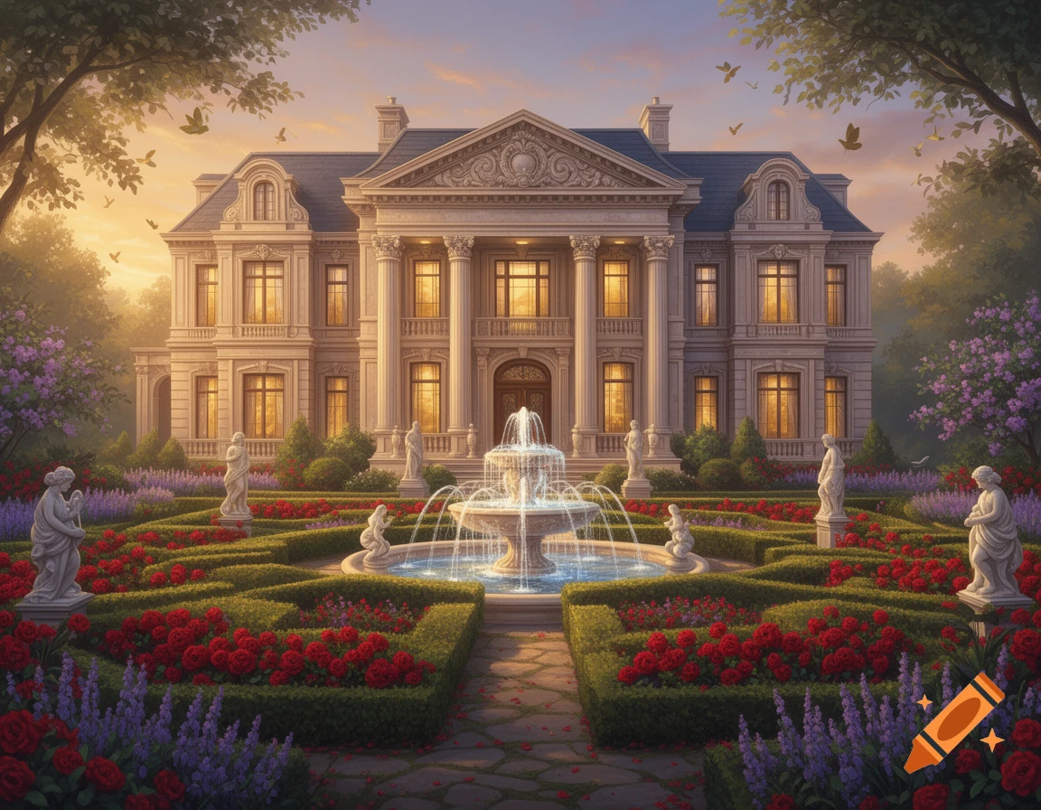 A grand classical mansion with a tiered fountain, manicured garden of red roses, purple flowers, and white statues at sunset.