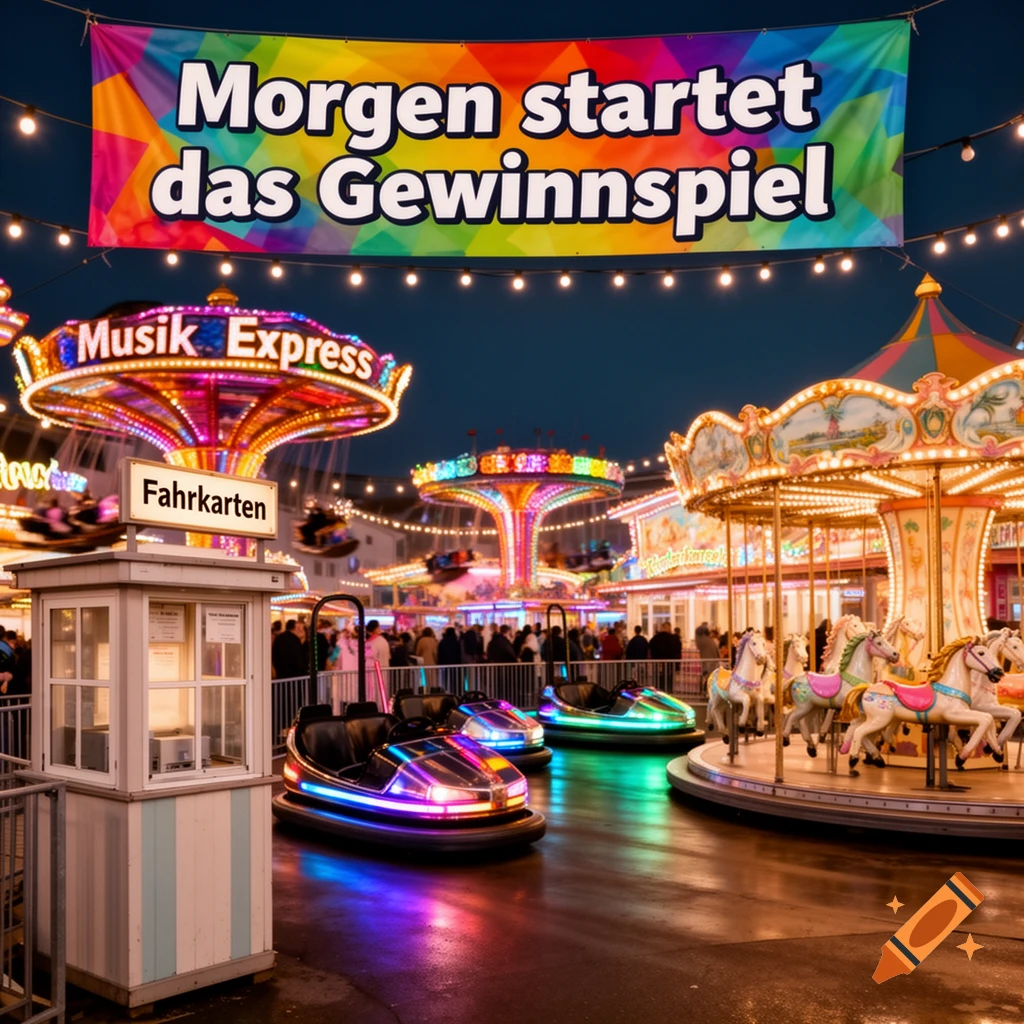 A vibrant night scene at an amusement park with a carousel, bumper cars, and swing rides lit up, under a banner reading "Morgen startet das Gewinnspiel" (Tomorrow the sweepstakes start).
