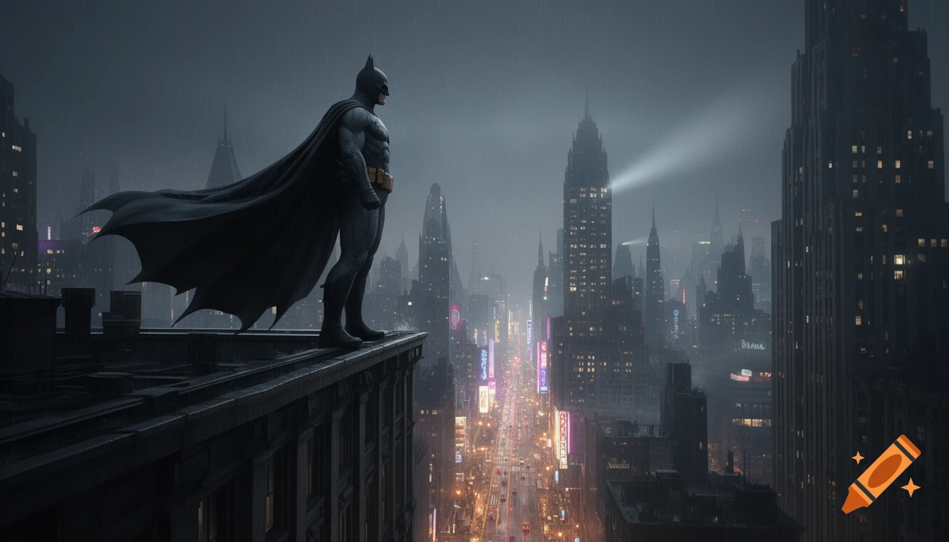 Batman stands on a skyscraper rooftop, overlooking a rainy, neon-lit Gotham-like city at night in a cinematic, photorealistic style.