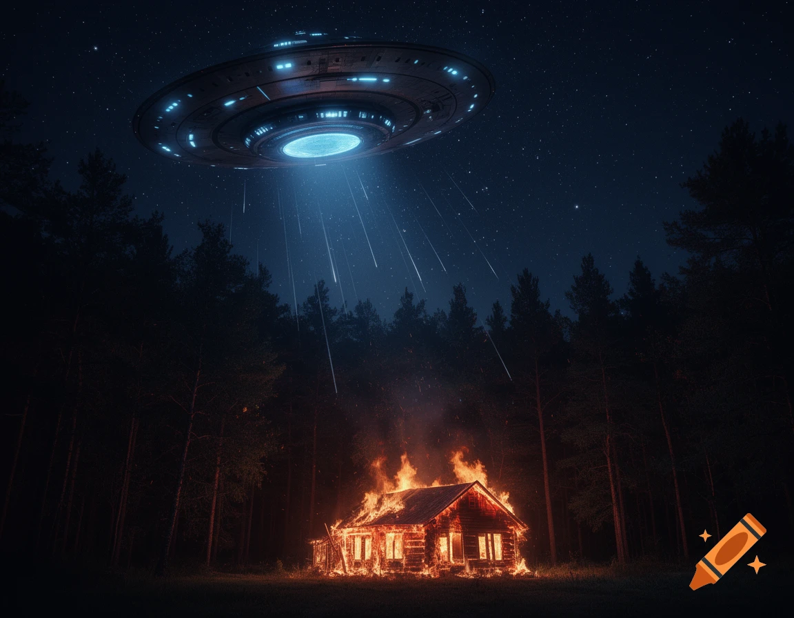 A UFO hovers over a burning house in a dark forest at night, with meteors falling from the starry sky.