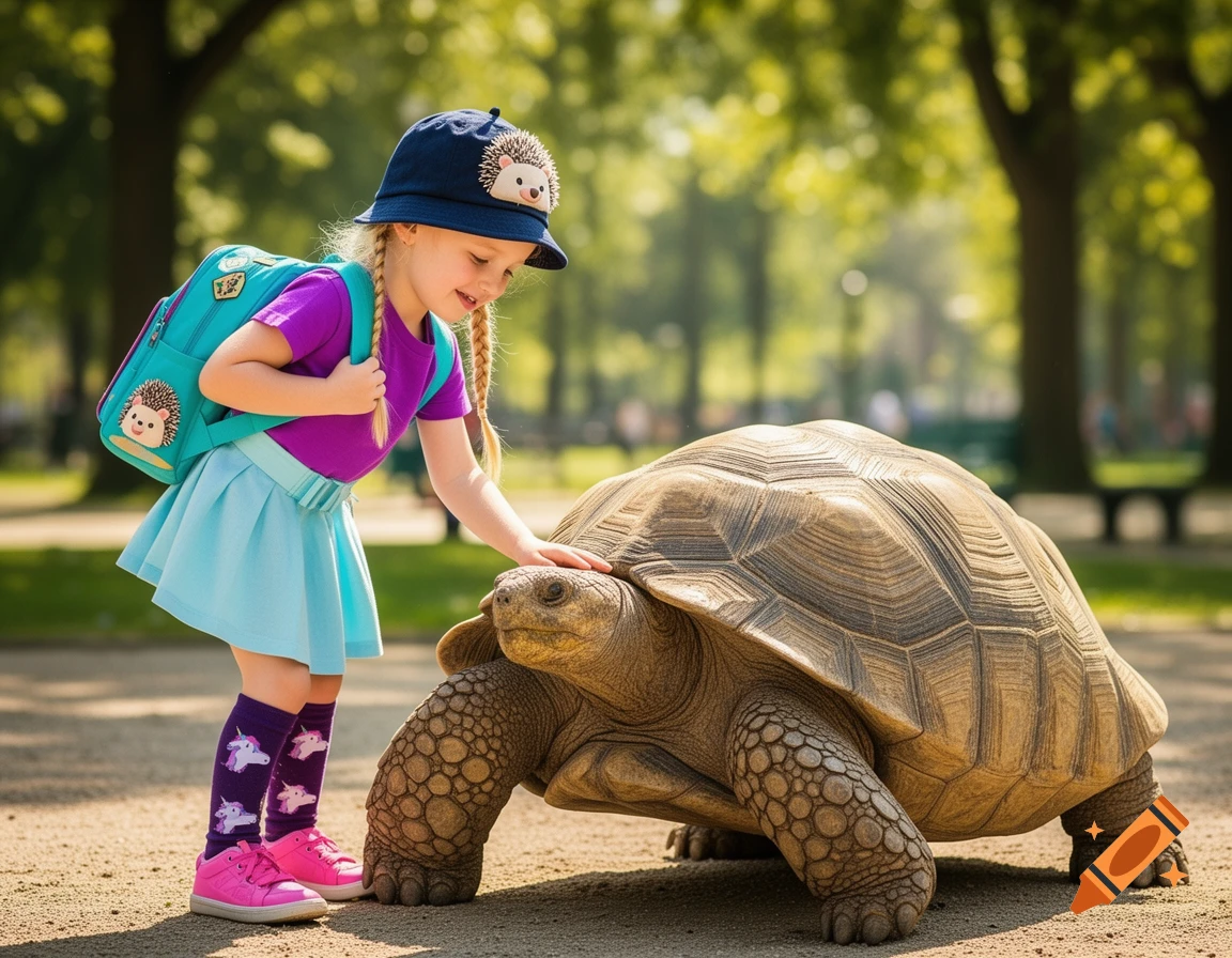 Young girl in a blue skirt and purple shirt, wearing a hedgehog cap and unicorn socks, gently pets a large tortoise in a sunny park.