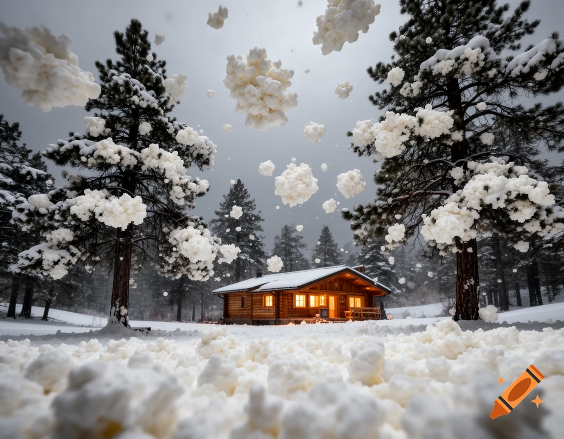 A surreal winter landscape with a cozy wooden cabin, pine trees, and large clumps of cottage cheese falling and covering the ground.