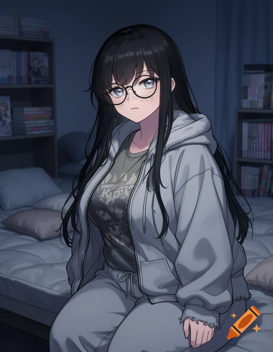 Anime girl with black hair, glasses, and freckles, wearing a grey hoodie and sweatpants, sitting on a bed.