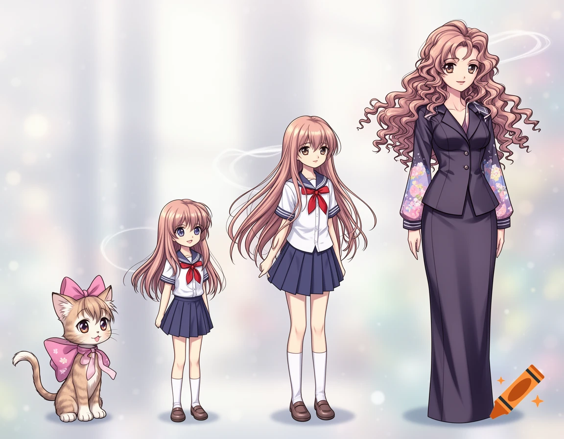 An anime growth diagram showing a cat, then two young girls in school uniforms, and finally an adult woman in a business suit.